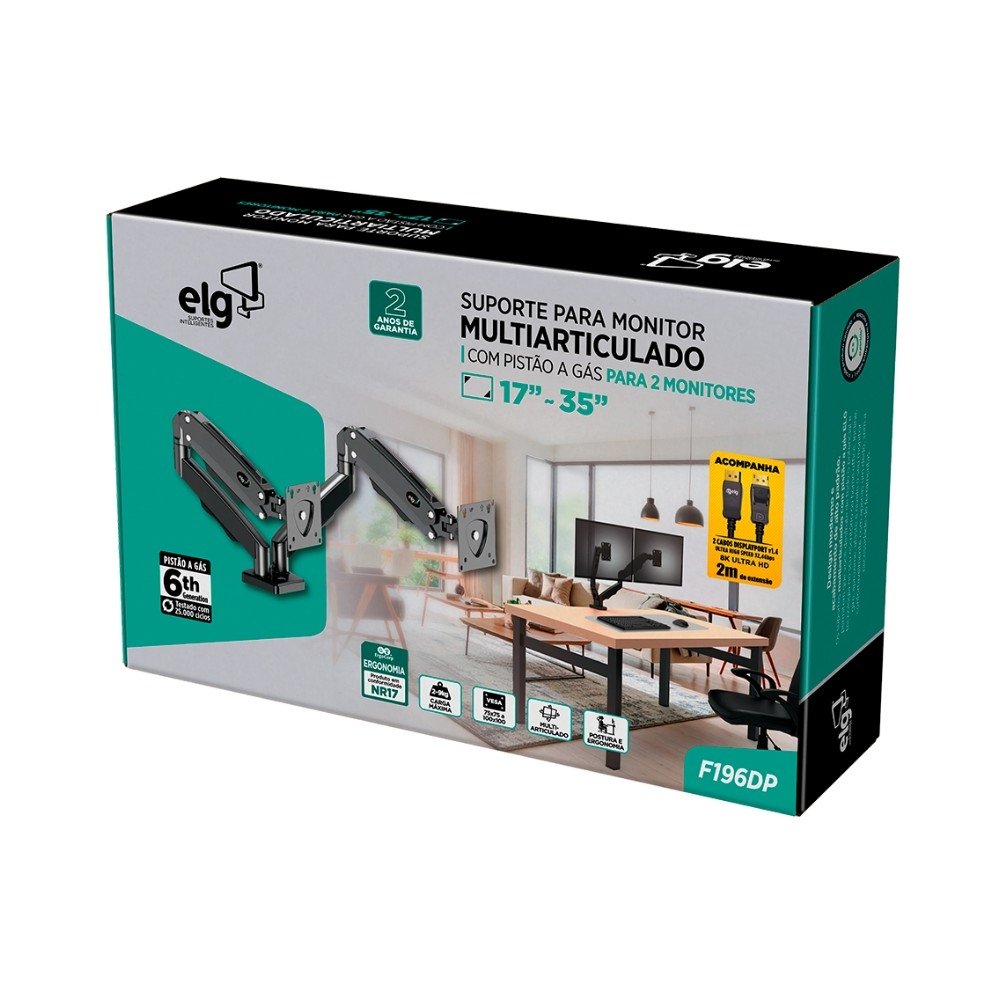 Imagem 12 de 12 do produto Suporte de Mesa Articulado para 2 Monitores de 17" a 35" ELG, com Pistão a Gás e Cabo DisplayPort, VESA, Grafite - F196DP