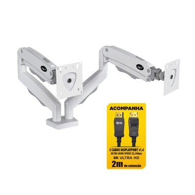 Suporte de Mesa Articulado para 2 Monitores de 17" a 35" ELG, com Pistão a Gás e Cabo DisplayPort, VESA, Branco - F196WDP