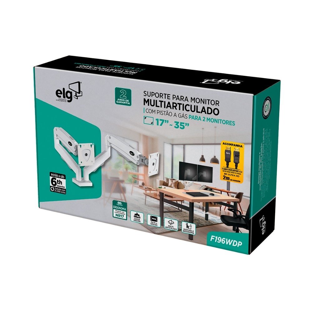 Imagem 11 de 12 do produto Suporte de Mesa Articulado para 2 Monitores de 17" a 35" ELG, com Pistão a Gás e Cabo DisplayPort, VESA, Branco - F196WDP