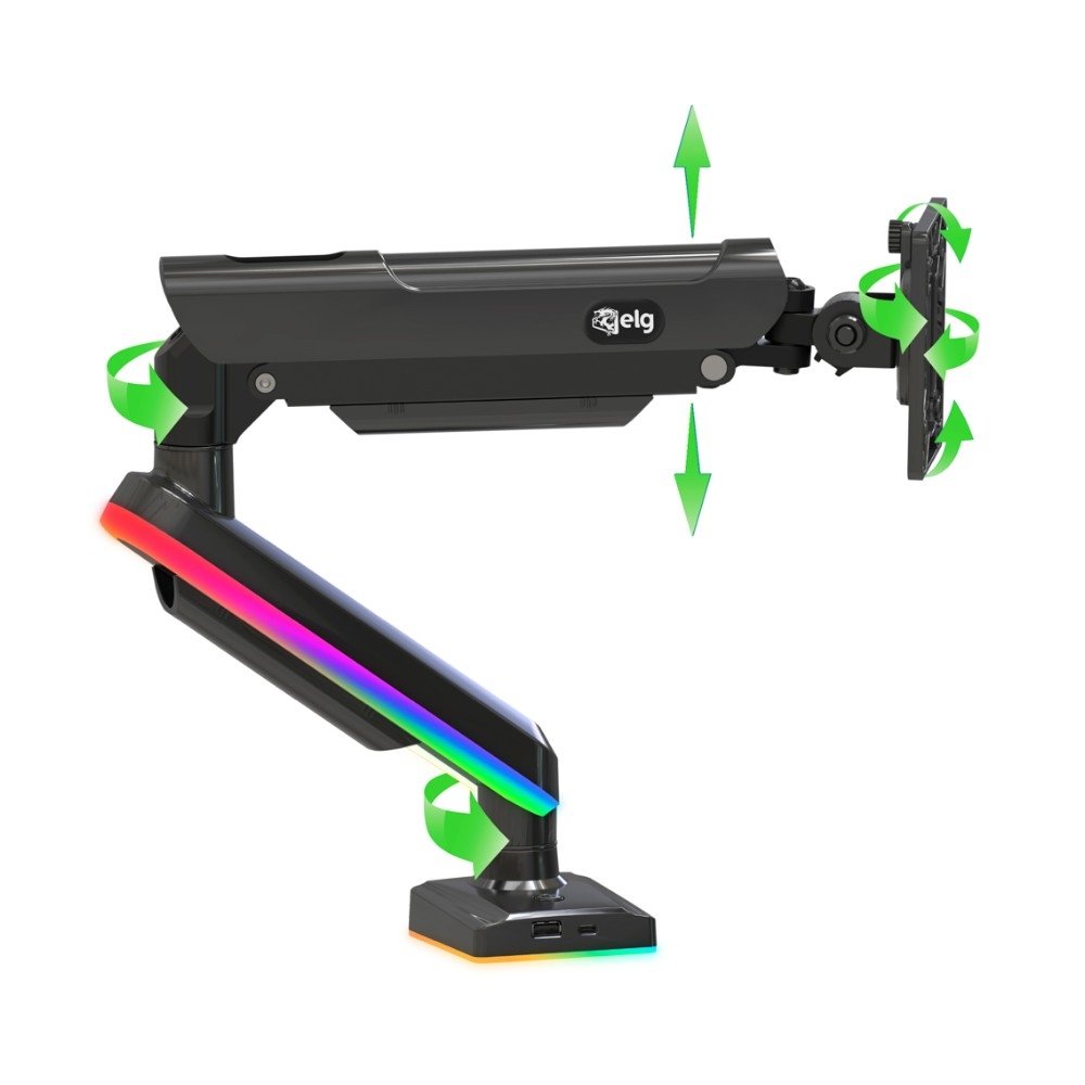 Imagem 3 de 13 do produto Suporte de Mesa Articulado Gamer para Monitor de 17" a 35" ELG, com Pistão a Gás, USB-A/C, RGB, Preto - F100RGB