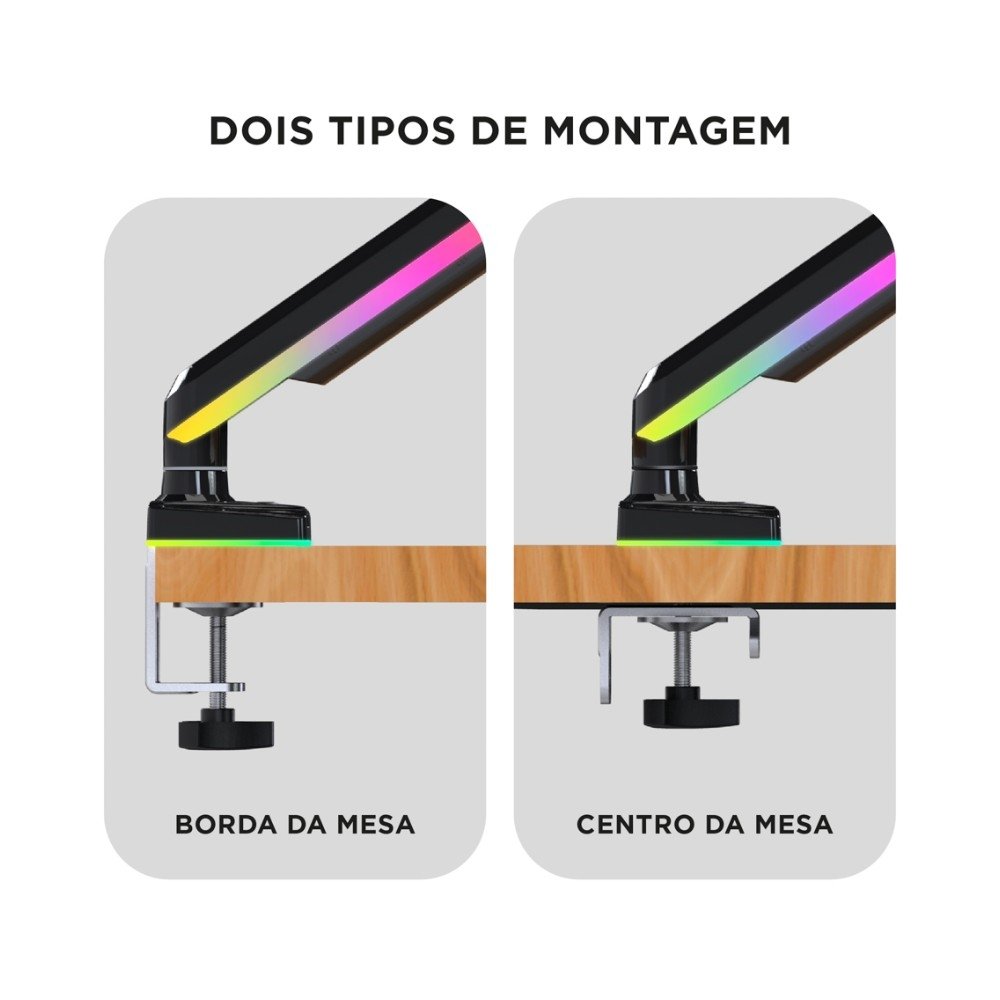 Imagem 9 de 13 do produto Suporte de Mesa Articulado Gamer para Monitor de 17" a 35" ELG, com Pistão a Gás, USB-A/C, RGB, Preto - F100RGB