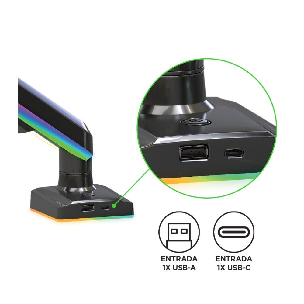 Imagem 10 de 13 do produto Suporte de Mesa Articulado Gamer para Monitor de 17" a 35" ELG, com Pistão a Gás, USB-A/C, RGB, Preto - F100RGB