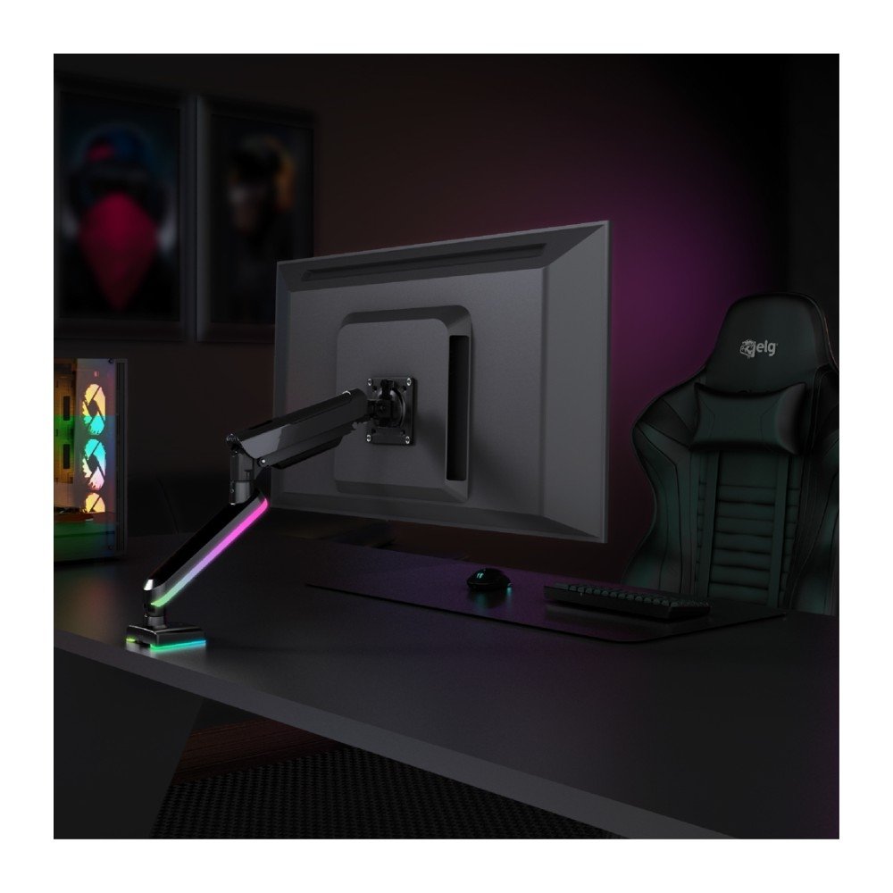 Imagem 11 de 13 do produto Suporte de Mesa Articulado Gamer para Monitor de 17" a 35" ELG, com Pistão a Gás, USB-A/C, RGB, Preto - F100RGB