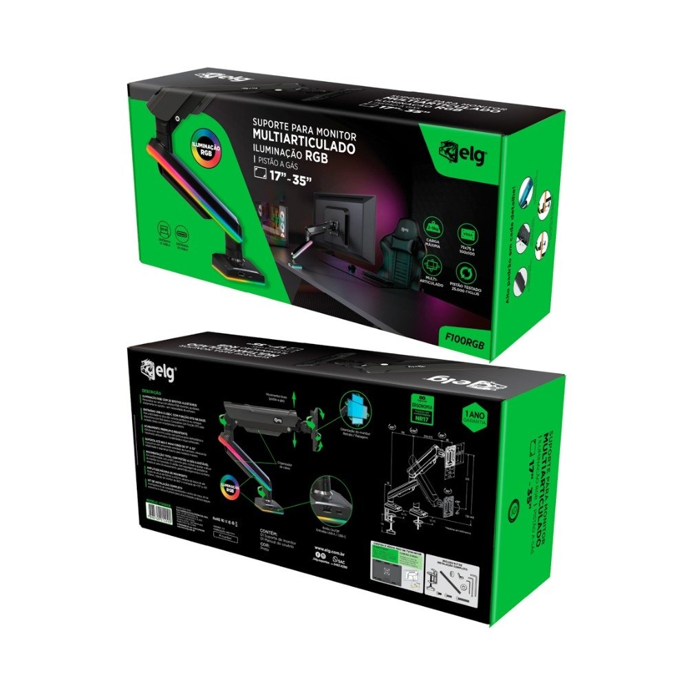 Imagem 13 de 13 do produto Suporte de Mesa Articulado Gamer para Monitor de 17" a 35" ELG, com Pistão a Gás, USB-A/C, RGB, Preto - F100RGB