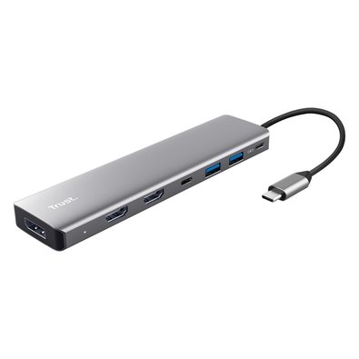 HUB DockStation Trust Dalyx USB-C, 7 em 1, para 2x HDMI, DisplayPort, 2x USB-A 3.2 Gen 1, USB-C 3.2 Gen 1, USB-C PD 100W - 25661