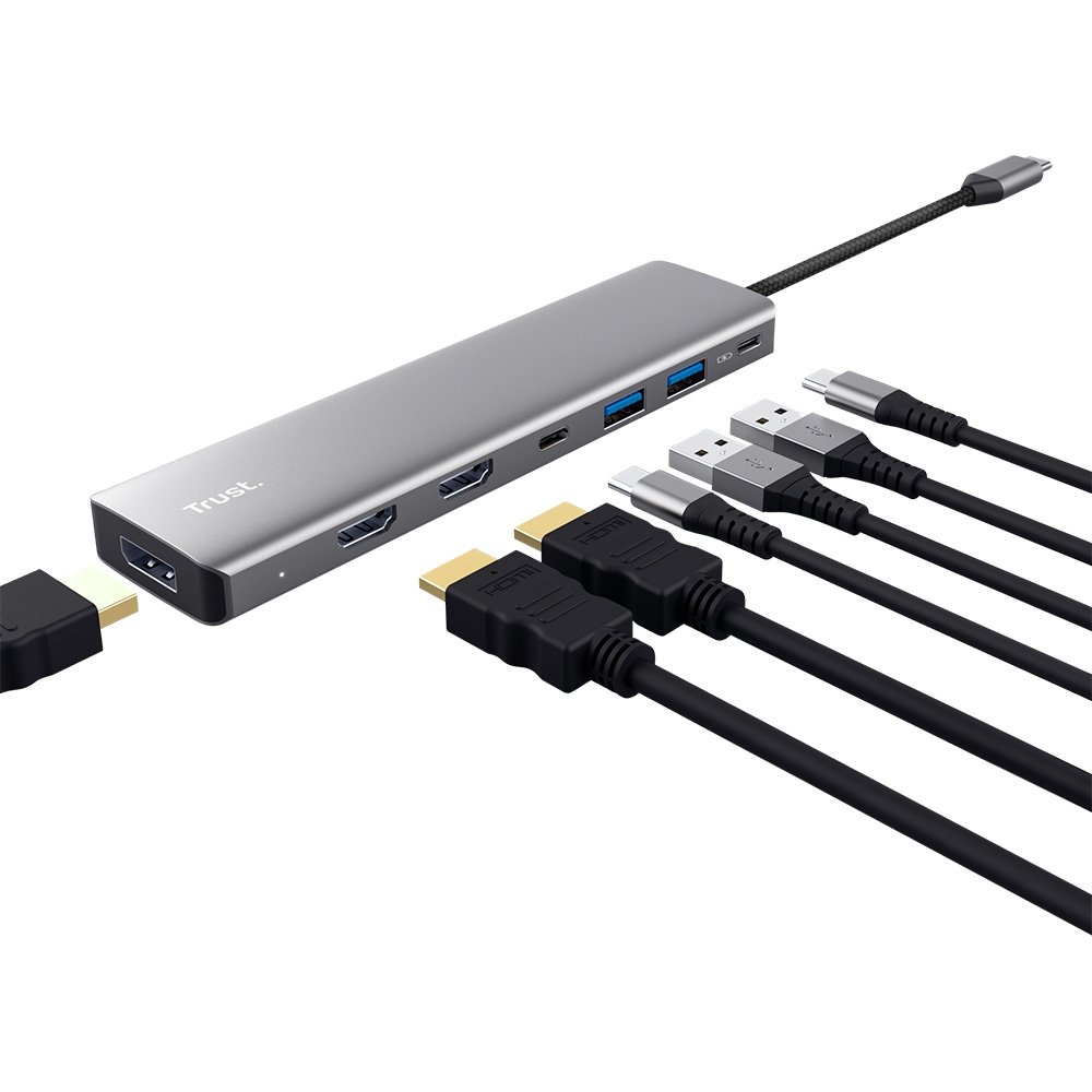 Imagem 2 de 6 do produto HUB DockStation Trust Dalyx USB-C, 7 em 1, para 2x HDMI, DisplayPort, 2x USB-A 3.2 Gen 1, USB-C 3.2 Gen 1, USB-C PD 100W - 25661