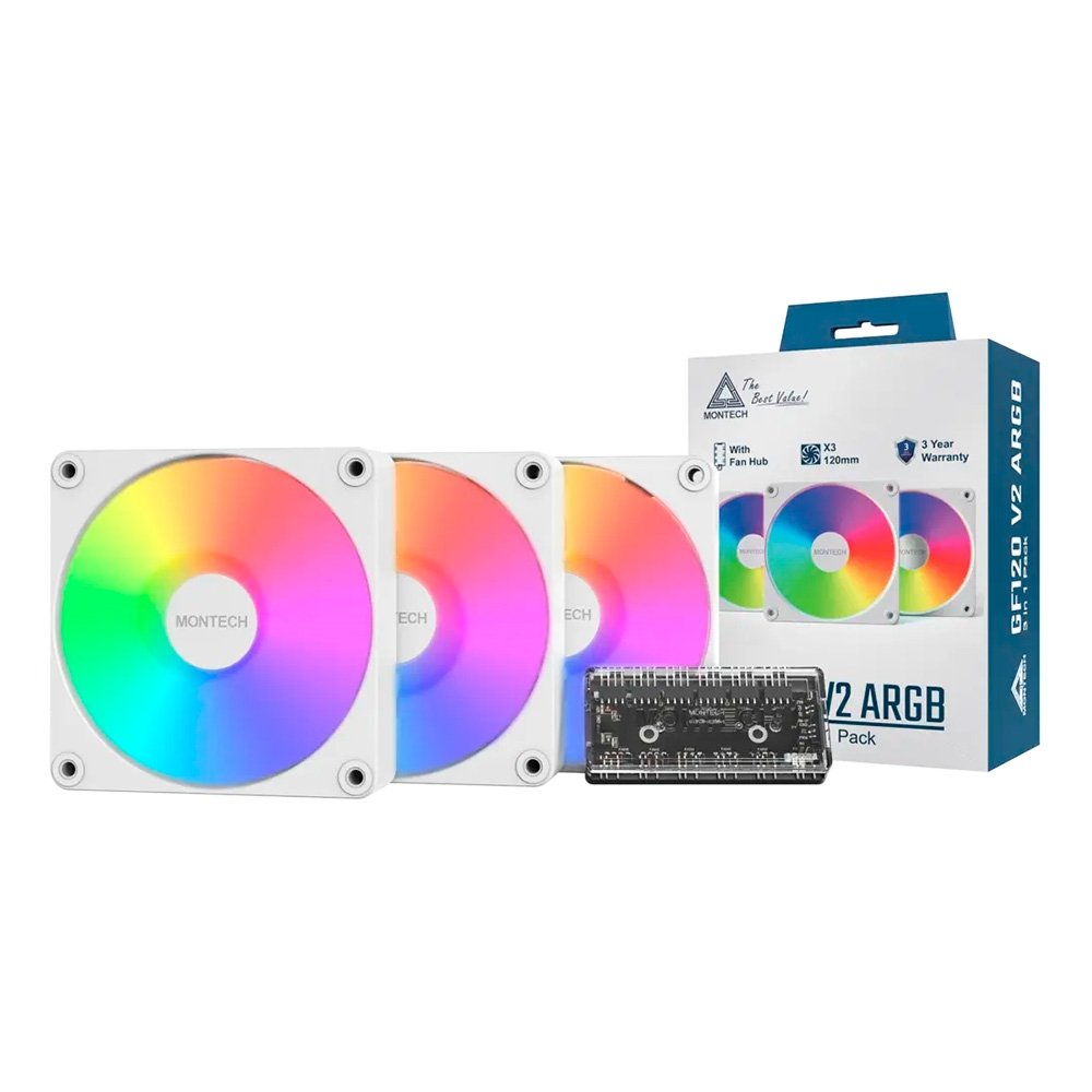 Kit Ventoinhas Montech GF120 V2, ARGB, 3x 120mm, Branco - GF120V2ARGB3PW