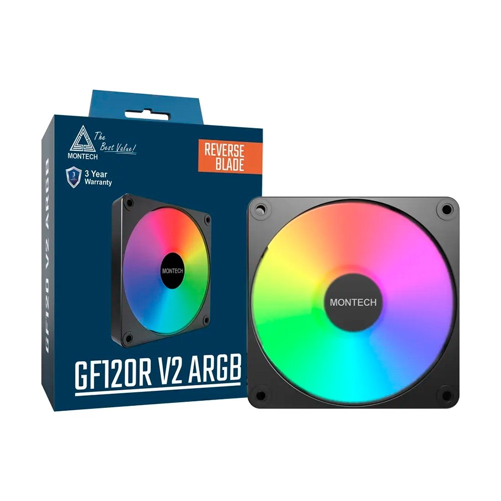 Kit Ventoinhas Montech GF120R V2, ARGB, Reverse, 3x 120mm, Preto - GF120RV2ARGB3PB Kit Ventoinhas Montech GF120R V2, ARGB, Reverse, 3x 120mm, Preto - GF120RV2ARGB3PB