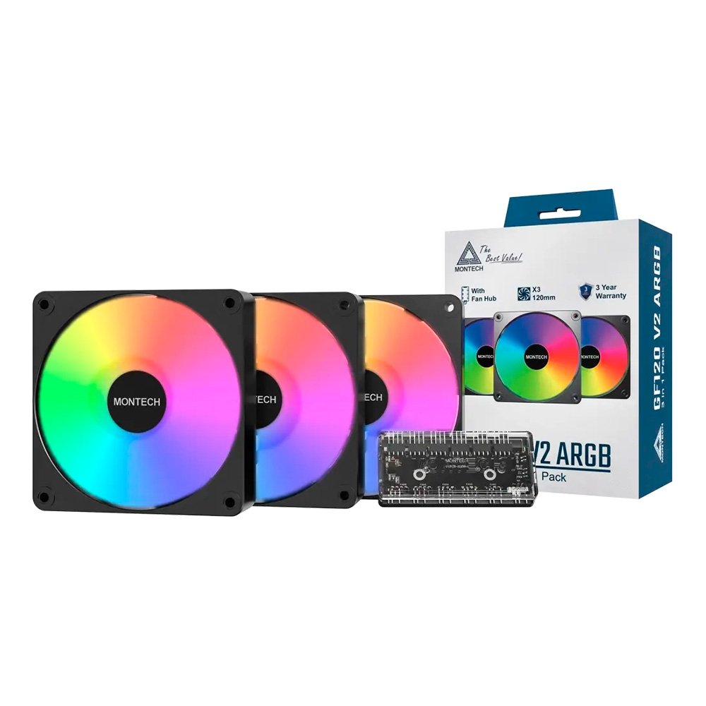 Kit Ventoinhas Montech GF120R V2, ARGB, Reverse, 3x 120mm, Preto - GF120RV2ARGB3PB Kit Ventoinhas Montech GF120R V2, ARGB, Reverse, 3x 120mm, Preto - GF120RV2ARGB3PB