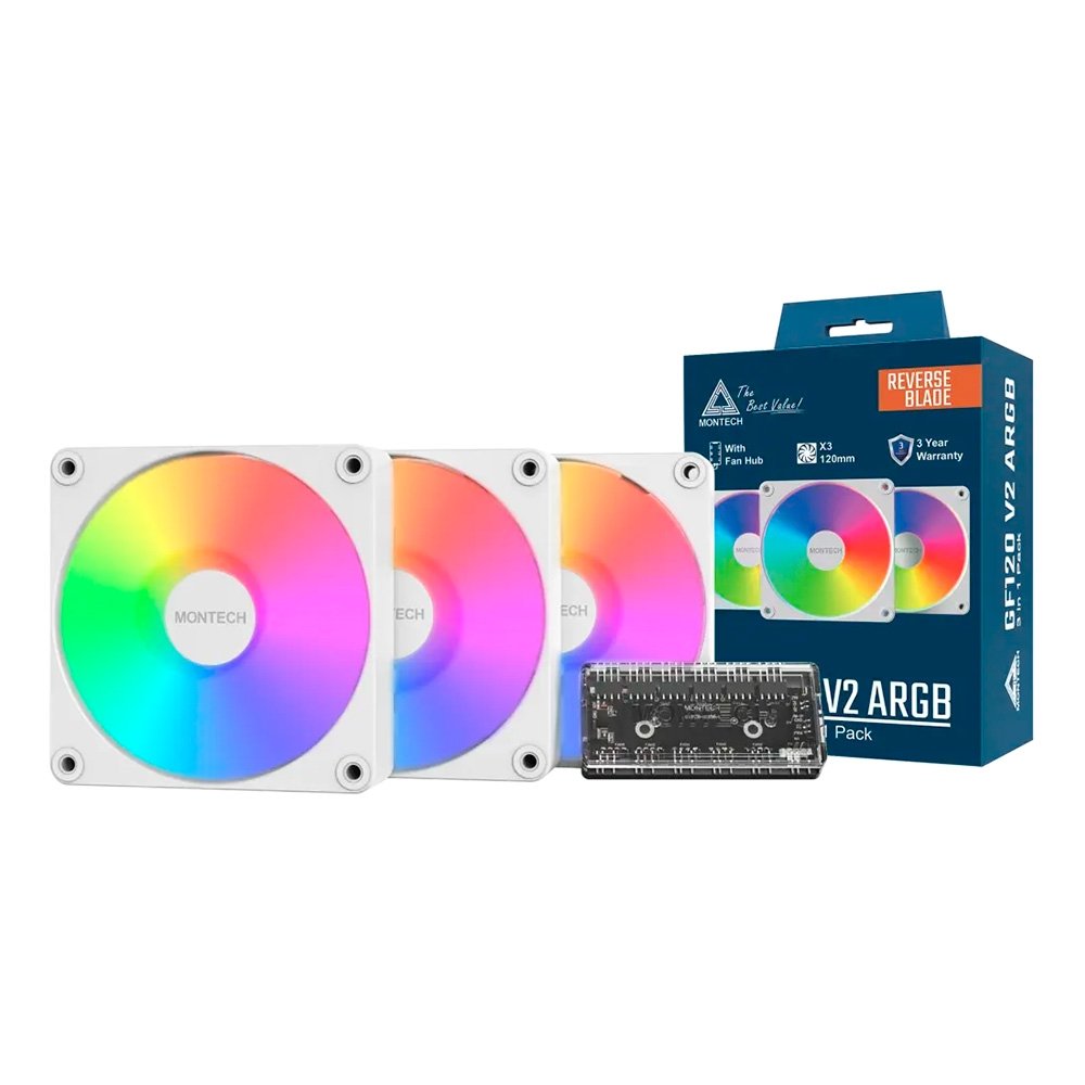 Imagem 4 de 5 do produto Kit Ventoinhas Montech GF120R V2, ARGB, Reverse, 3x 120mm, Branco - GF120RV2ARGB3PW