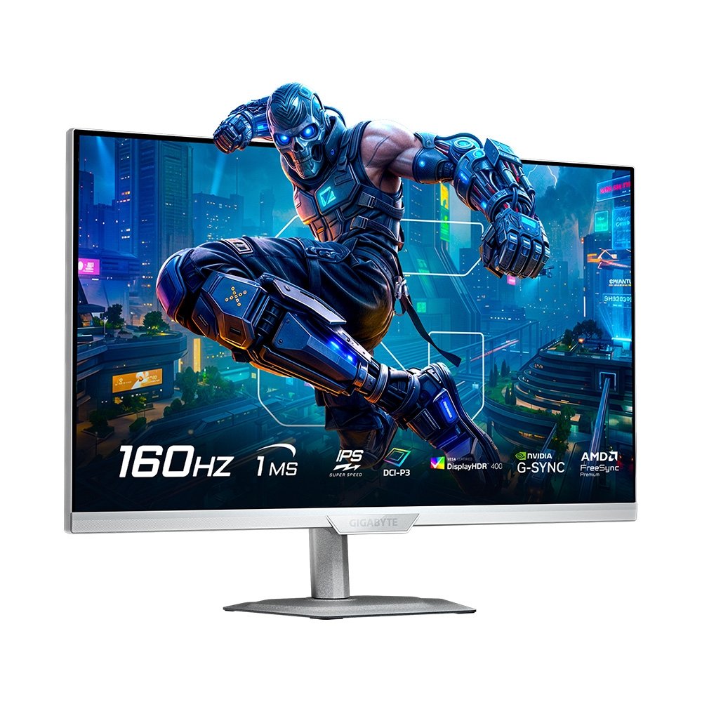 Imagem 2 de 8 do produto Monitor Gamer Gigabyte 27", Dual Mode, 4K, 160Hz, 1ms, IPS, G-Sync, FreeSync Premium, HDR 400, USB-C, Som Integrado, Branco - M27UP ICE