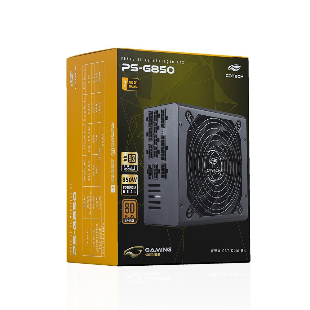 Fonte C3Tech Gaming PS-G850, 850W, 80 Plus Bronze, Full Modular - PS-G850 - view 3