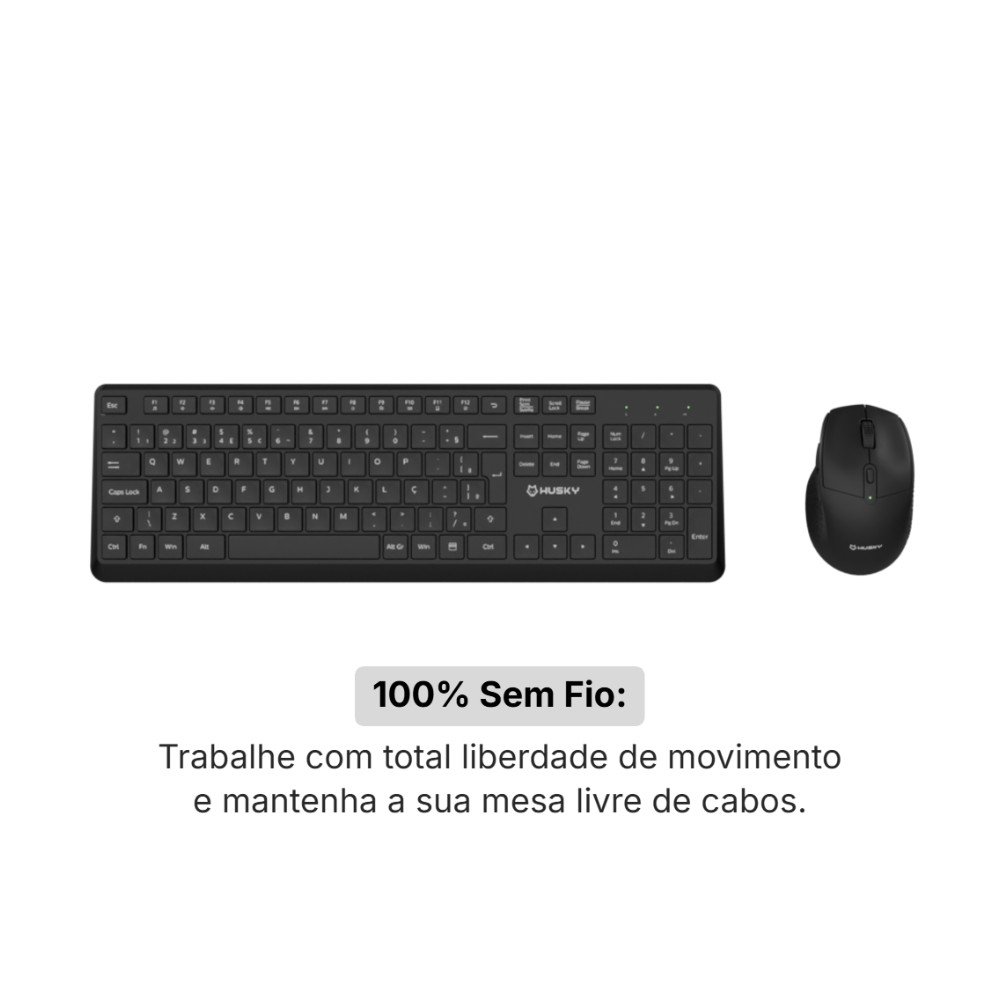 Imagem 2 de 6 do produto Kit Teclado e Mouse Office Sem Fio Husky Duo Vero 400, Clique Silencioso, Botões Laterais, ABNT2, Full Size, 2.4GHz, Preto - HCO230PT