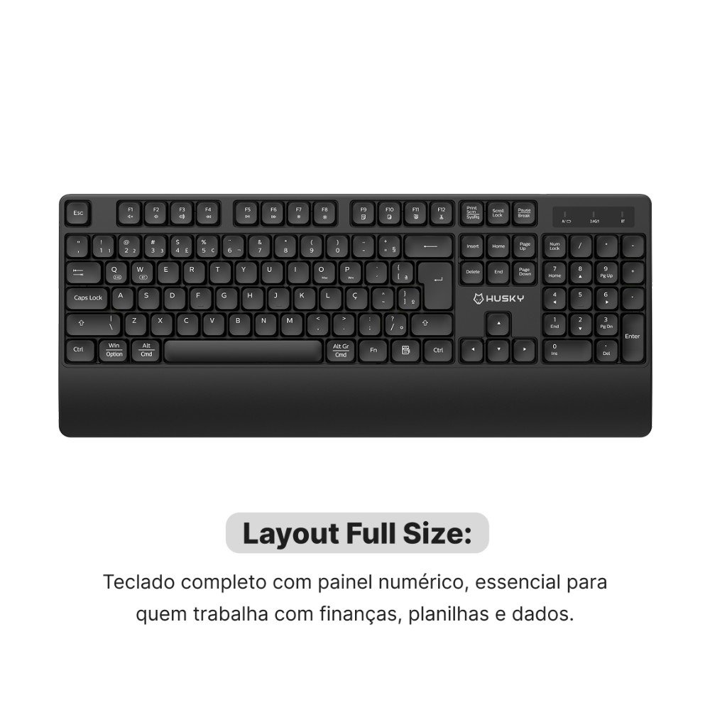 Imagem 2 de 6 do produto Kit Teclado e Mouse Sem Fio Husky Duo Optima 400, Bluetooth, 2.4GHz, Silencioso, ABNT2, Preto - HCO400PT