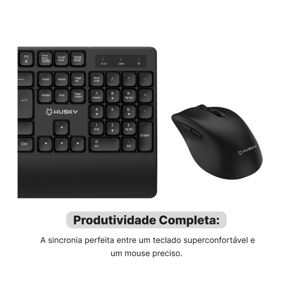 Imagem 3 de 6 do produto Kit Teclado e Mouse Sem Fio Husky Duo Optima 400, Bluetooth, 2.4GHz, Silencioso, ABNT2, Preto - HCO400PT