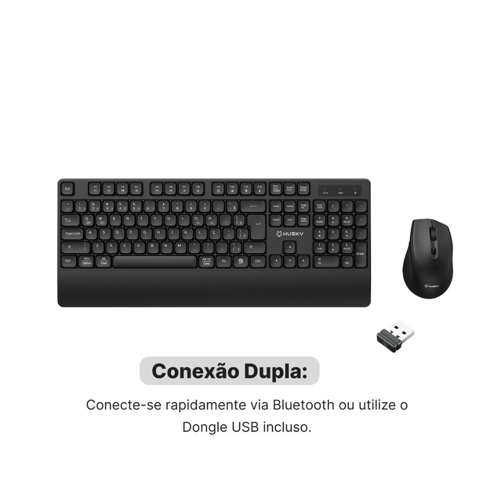 Imagem 5 de 6 do produto Kit Teclado e Mouse Sem Fio Husky Duo Optima 400, Bluetooth, 2.4GHz, Silencioso, ABNT2, Preto - HCO400PT