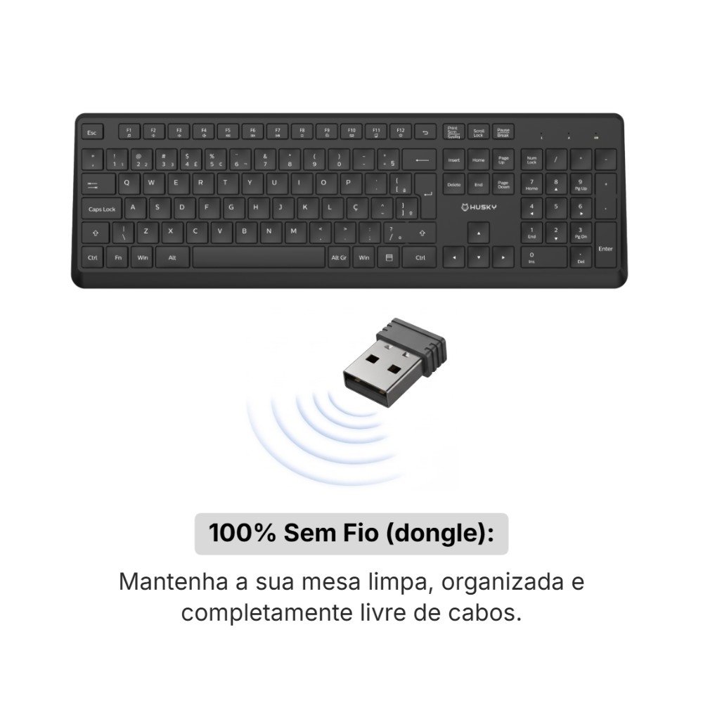 Imagem 2 de 6 do produto Teclado Office Husky Vero 200 Sem Fio 2.4GHz, Silencioso, Perfil Baixo, Full Size ABNT2, Preto -  HTO200PT