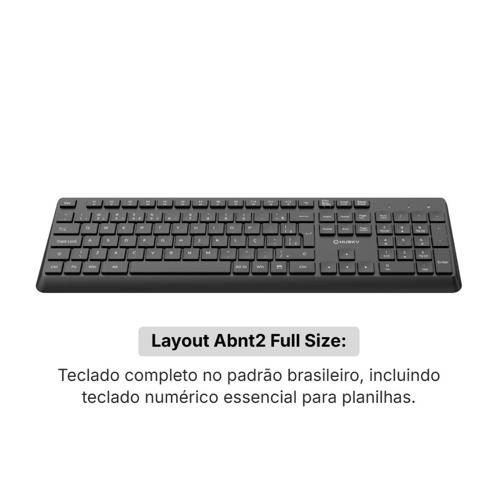 Imagem 3 de 6 do produto Teclado Office Husky Vero 200 Sem Fio 2.4GHz, Silencioso, Perfil Baixo, Full Size ABNT2, Preto -  HTO200PT
