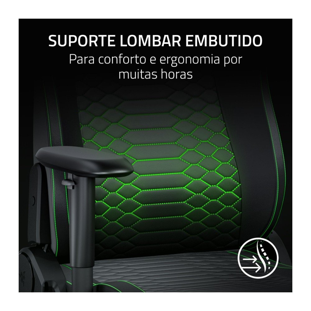 Imagem 3 de 5 do produto Cadeira Gamer Razer Iskur V2 X NewGen, Ergonômica, Até 136Kg, Apoio Lombar, Couro EPU CoolTouch, Reclinável 152º, Braços 2D, Preta e Verde - RZ38-05310700