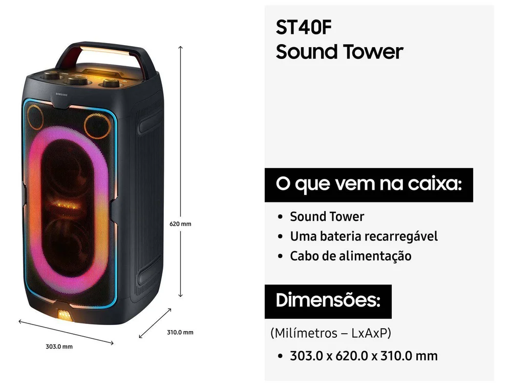 Samsung Sound Tower Mx-st40f, 160w, Bateria Inclusa, Até 12 Horas De Música, Resistência Ipx4 Preto - view 8