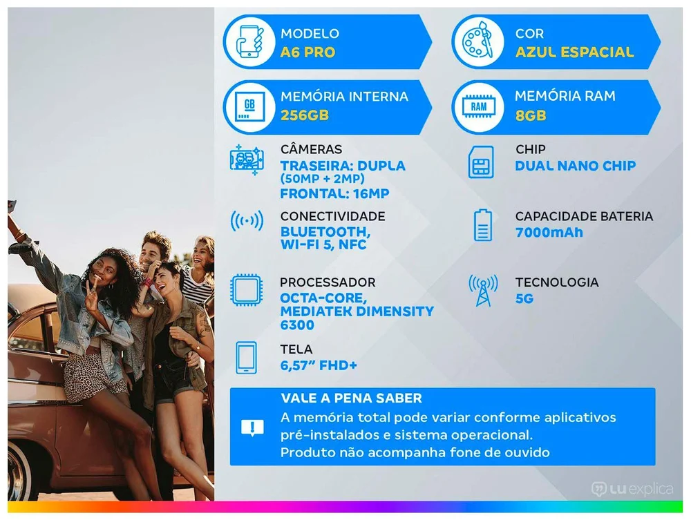 Smartphone OPPO A6 Pro 5G, 256GB, 8GB RAM, Câmera Dupla 50MP+2MP, Frontal 16MP, Tela 6.57, Azul Espacial - view 2