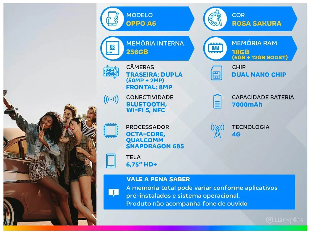 Smartphone OPPO A6 256GB 18GB RAM (6GB+12GB RAM+) Rosa Sakura 6,75 Câmera Dupla 50MP+2MP Frontal 8MP - view 4