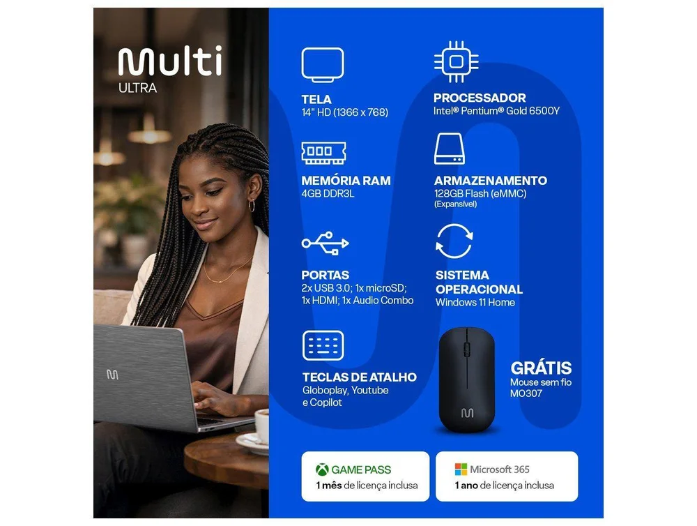Notebook Multi Ultra Intel Pentium Gold 6500Y 4GB RAM 128GB eMMC 1TB Nuvem 14" Windows 11 UB361