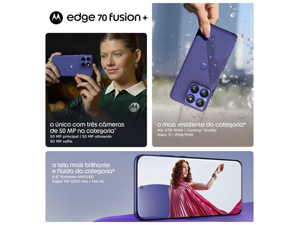 Smartphone Motorola Edge 70 Fusion+, 512GB 5G, 12GB RAM+12GB RAM Boost, Tela 6.8", Câm. Tripla Selfie 50MP, Roxo Smartphone Motorola Edge 70 Fusion+, 512GB 5G, 12GB RAM+12GB RAM Boost, Tela 6.8", Câm. Tripla Selfie 50MP, Roxo