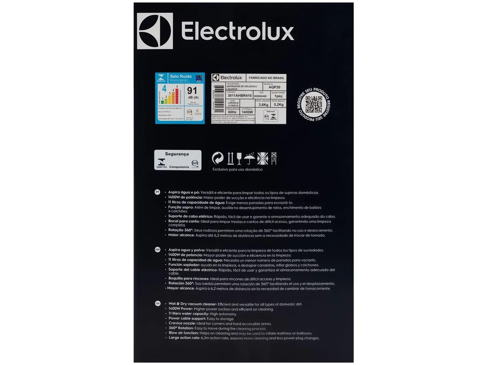 Imagem 7 de 19 do produto Aspirador de Pó e Água Electrolux Acqua Power AQP20, 1200w, Saco 10L, 110v, Preto/amarelo - 3011ahbr410