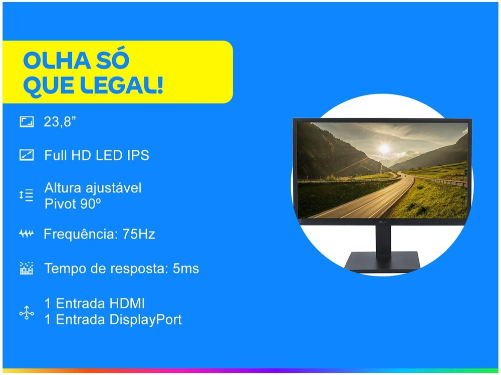Monitor LG, 23.8, IPS, LED, FUll HD, 5ms, Ajuste de Altura, HDMI, D-Sub, DisplayPort - 24BL550J - view 2
