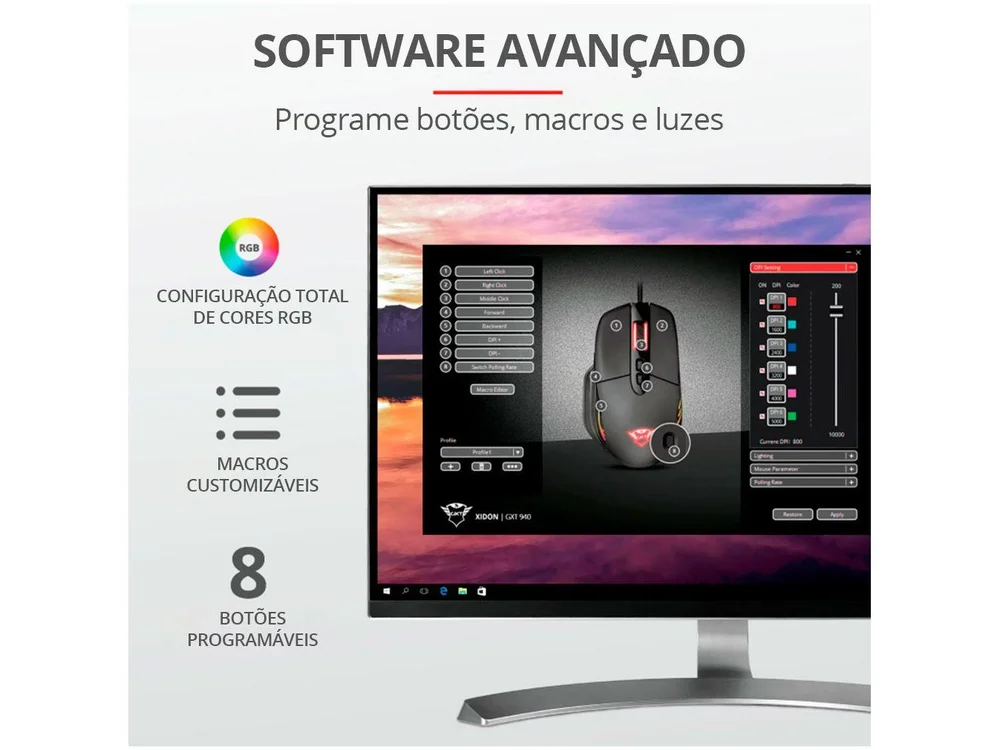 Imagem 9 de 13 do produto Mouse Gamer Trust Xidon GXT 940, RGB 10000 DPI, Com Fio
