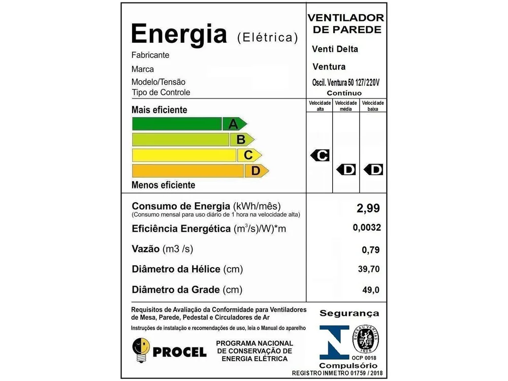 Ventilador Parede 50cm Ventura Preto Biv Turbo 150w Pas Aço