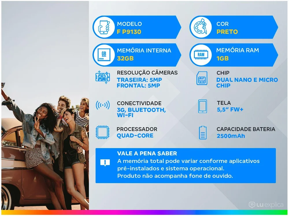 Imagem 2 de 11 do produto Celular Smartphone Multi F, 32GB 3g, 1GB, Tela 5.5 Polegadas, Sensor De Digitais, P9130, Preto