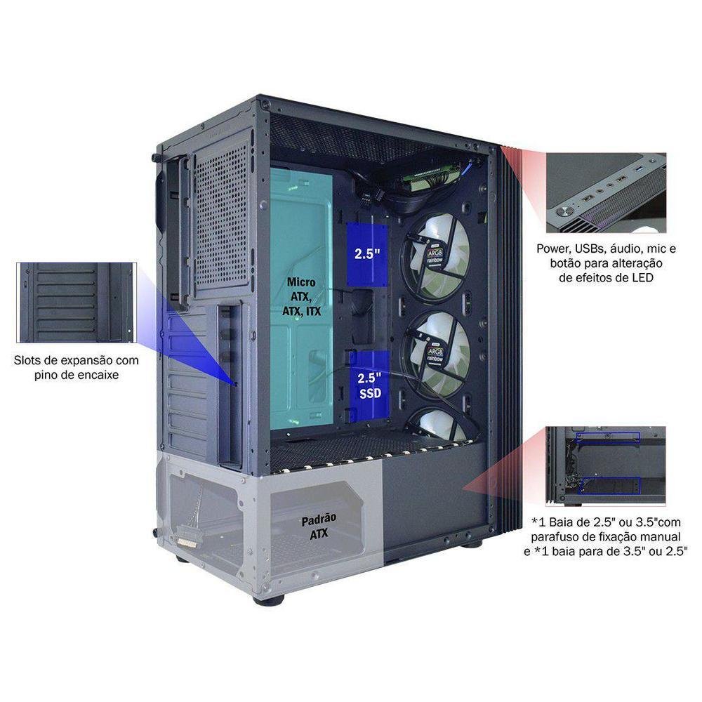 Gabinete Gamer K-mex, Asgard Ritmico, RGB, ATX, 3 FANs, Preto - CG-05Z5 - view 6
