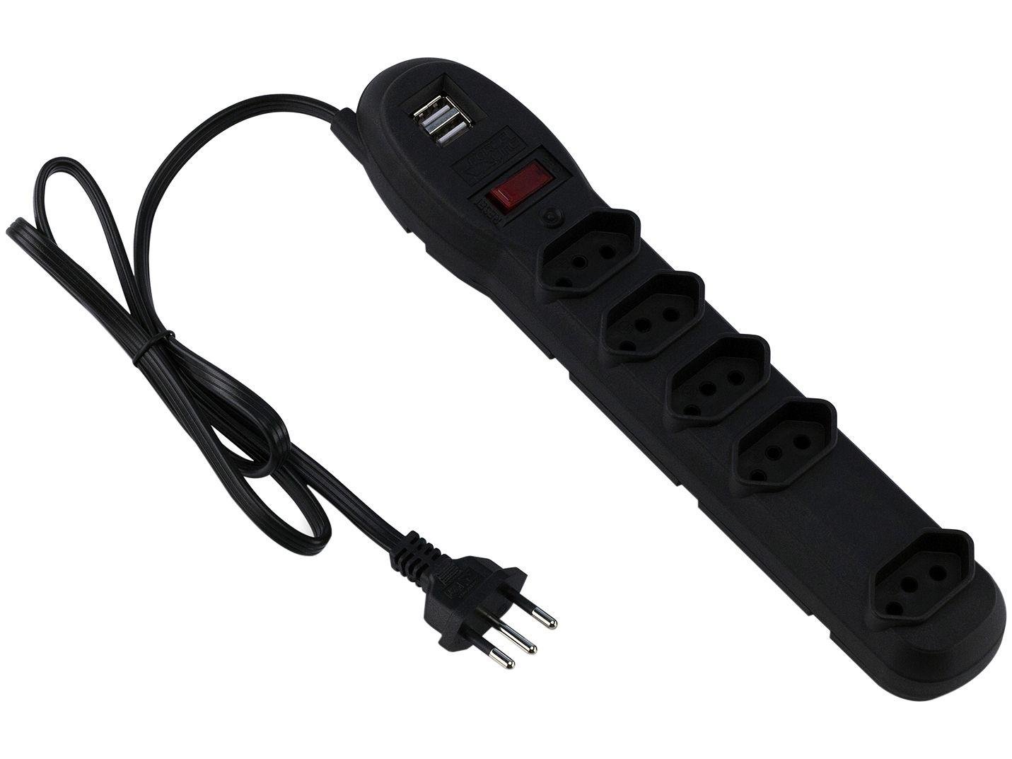 Protetor E Filtro De Linha 5 Tomadas Slim Preto C  Disjuntor