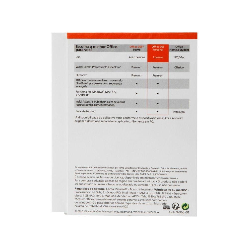 Pacote Office 365 Personal, 1TB, Microsoft, 1 licença - Mídia Física