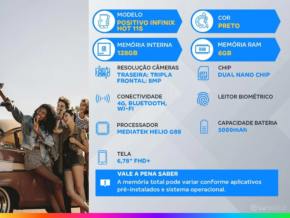 Imagem 2 de 13 do produto Smartphone Infinix, Hot 11S, 6GB RAM, 128GB, Câmera Tripla 50 MP, Tela 6.78 De 90 HZ, Full HD, Preto