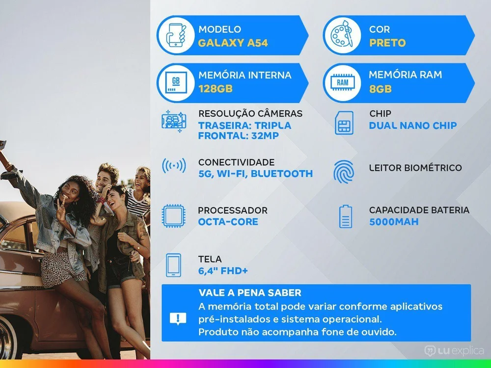 Imagem 17 de 17 do produto Smartphone Samsung Galaxy A54 128GB, RAM 8GB, 5g, Câmera Tripla 50mp + Selfie 32mp, Tela 6.4 Polegadas, Preto