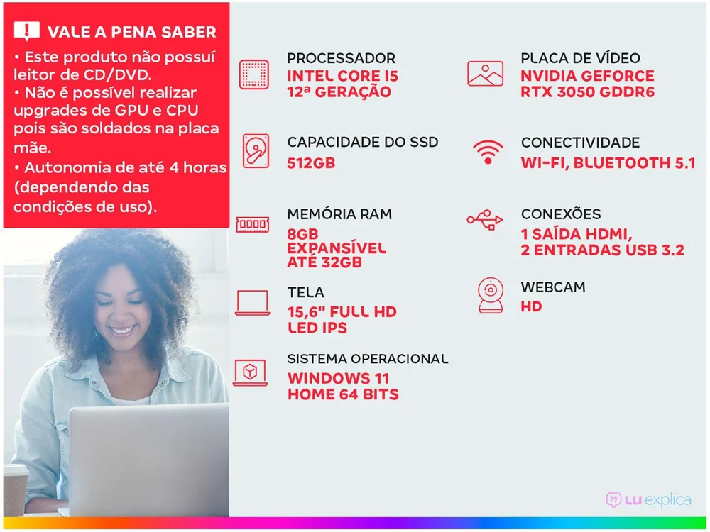 Imagem 2 de 10 do produto Notebook Gamer Acer Nitro 5, Intel Core i5-12450h, 8GB RAM, RTX 3050 4GB, SSD 512GB, Tela 15.6", Windows 11 Home, Preto - AN515-58-54UH