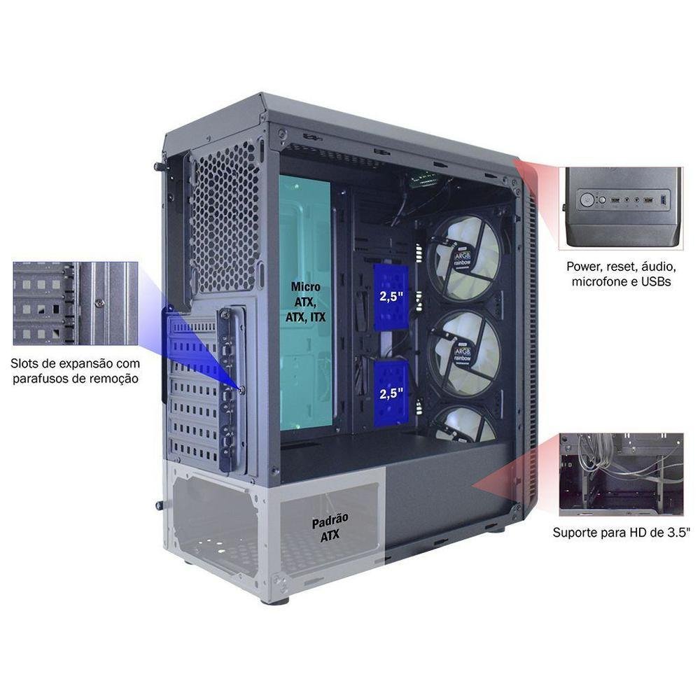 Imagem 4 de 10 do produto Gabinete Gamer K-Mex Infinity Streamer III CG-A2G8 - RGB ATX 3 FANs Preto