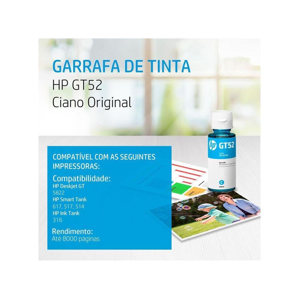Imagem 2 de 7 do produto Garrafa de Tinta HP Ciano GT52 Original