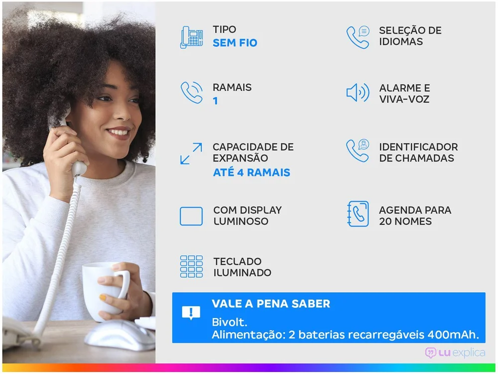 Imagem 2 de 5 do produto Telefone Sem Fio Motorola, Com Identificador De Chamadas E Viva Voz, Preto - Mt150