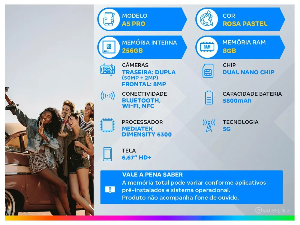 OPPO A5 PRO 5G 256GB, 8GB RAM, Tela 6.67, 50MP, Rosa Pastel - view 2