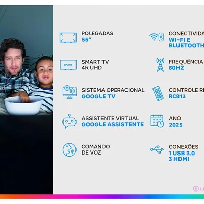 Smart TV 55" TCL 4K UHD QLED 55P7K Google TV AiPQ Google Assistente 3 HDMI 1 USB 15
