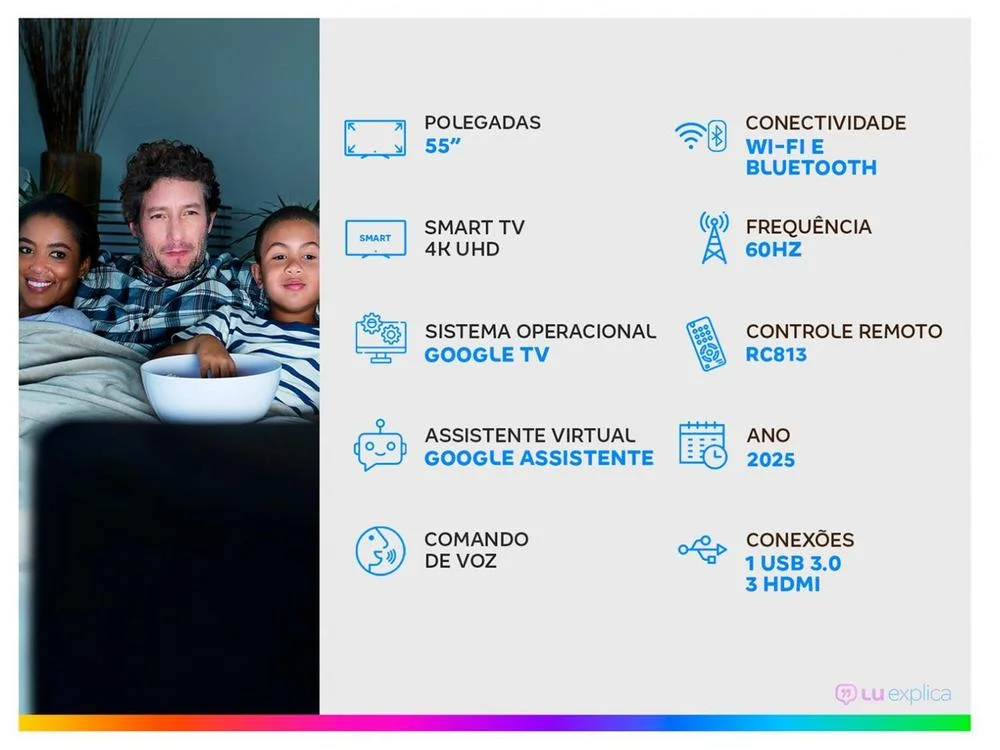 Smart TV 55" TCL 4K UHD QLED 55P7K Google TV AiPQ Google Assistente 3 HDMI 1 USB 2
