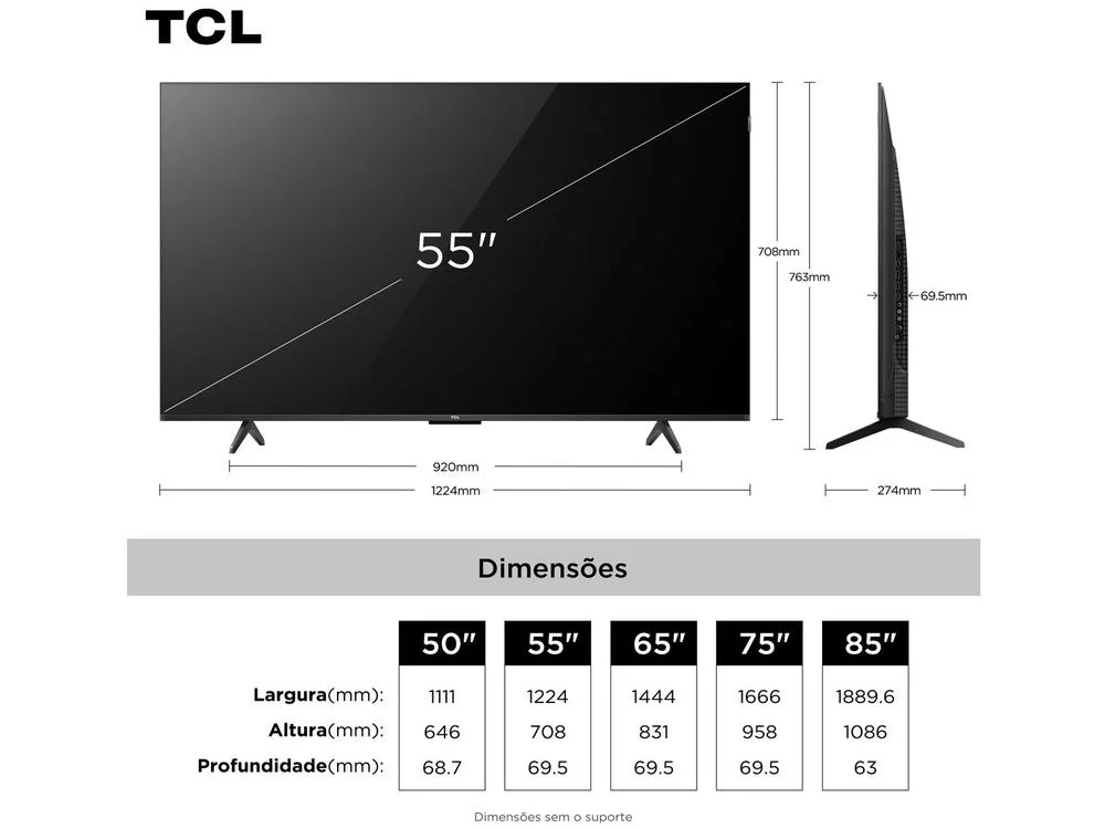 Smart TV 55" TCL 4K UHD QLED 55P7K Google TV AiPQ Google Assistente 3 HDMI 1 USB 5