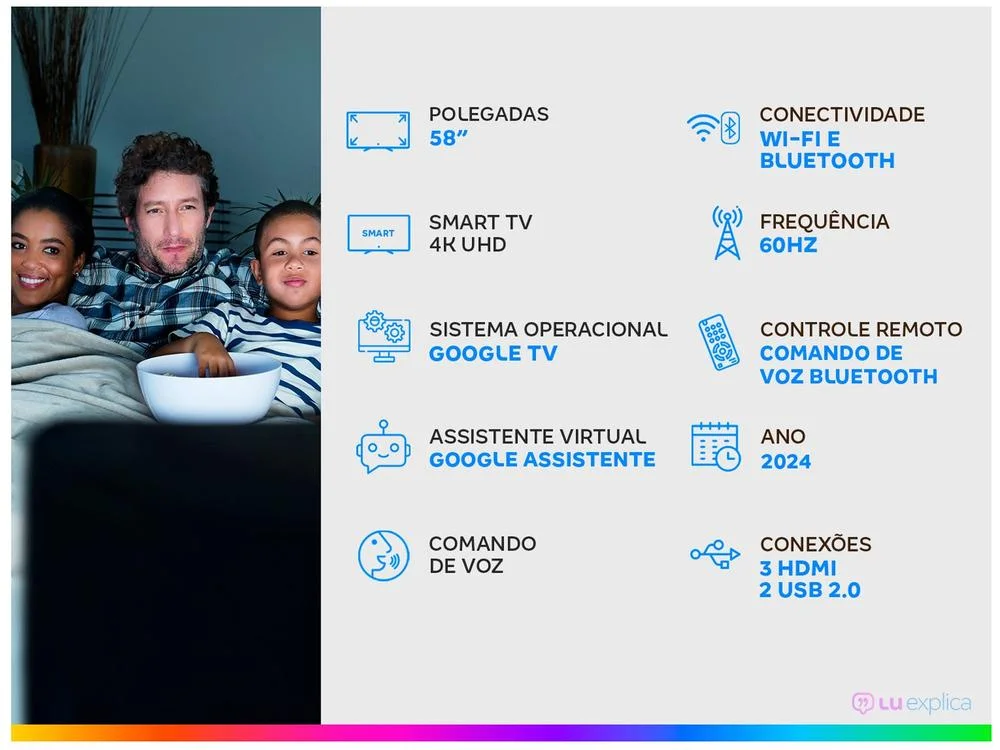 Smart TV 58" 4K UHD LED Philips 58PUG7019/78 Wi Fi Bluetooth Google Assistente 3 HDMI 2 USB 5
