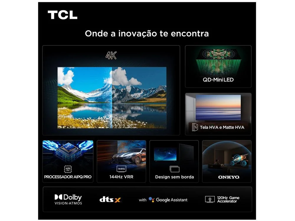 Smart TV 65" TCL 4K UHD MiniLED 65C6K 120Hz Google TV AiPQ Google Assistente 4 HDMI 2 USB 9