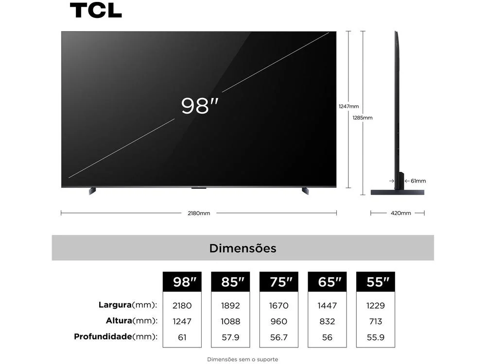 Imagem 4 de 12 do produto Smart TV 98" TCL UHD 4K MINILED 98C6K 120Hz Google TV AiPQ Pro Google Assistente 4 HDMI 2 USB