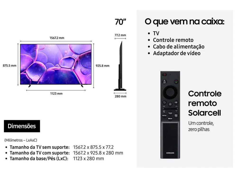 Smart TV 70" Samsung UHD 4K Crystal U8500F UN70U8500FGXZD Tizen 2025 10
